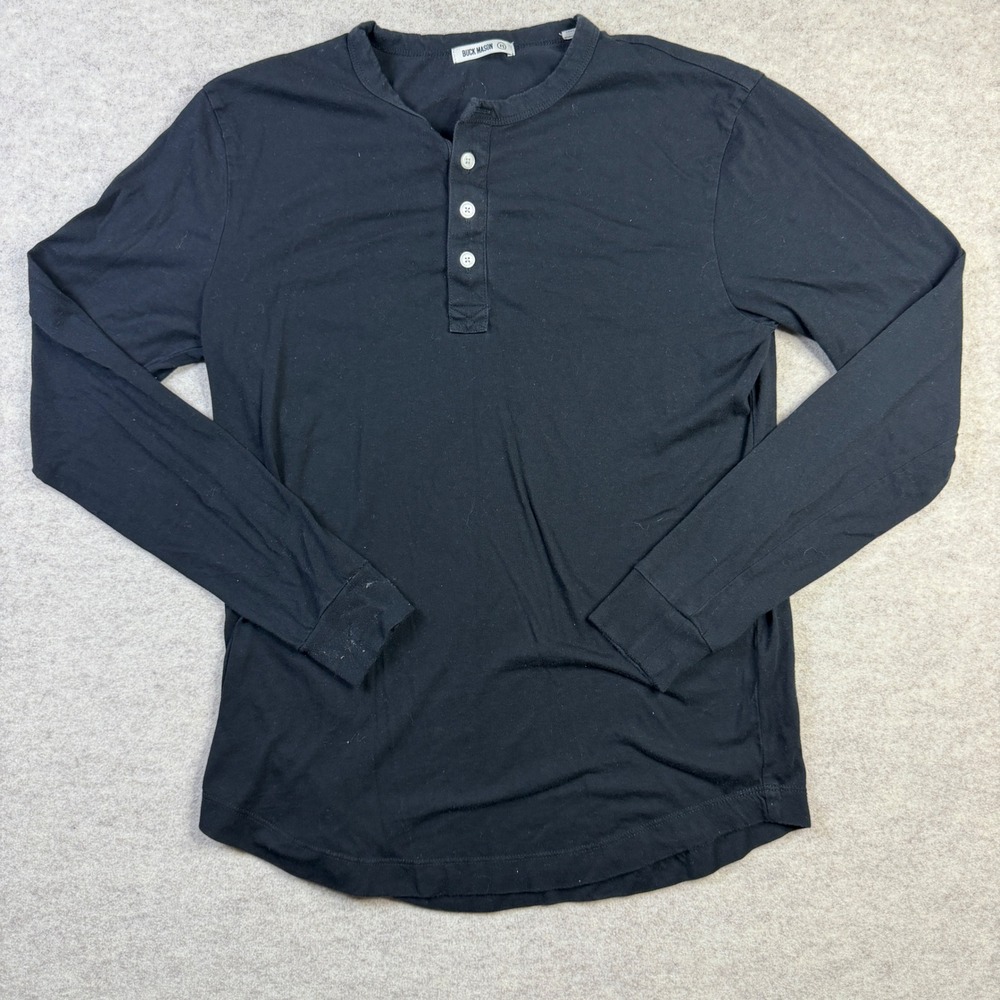 Buck Mason Pima Long Sleeve Curved Hem Henley Black Mens XS